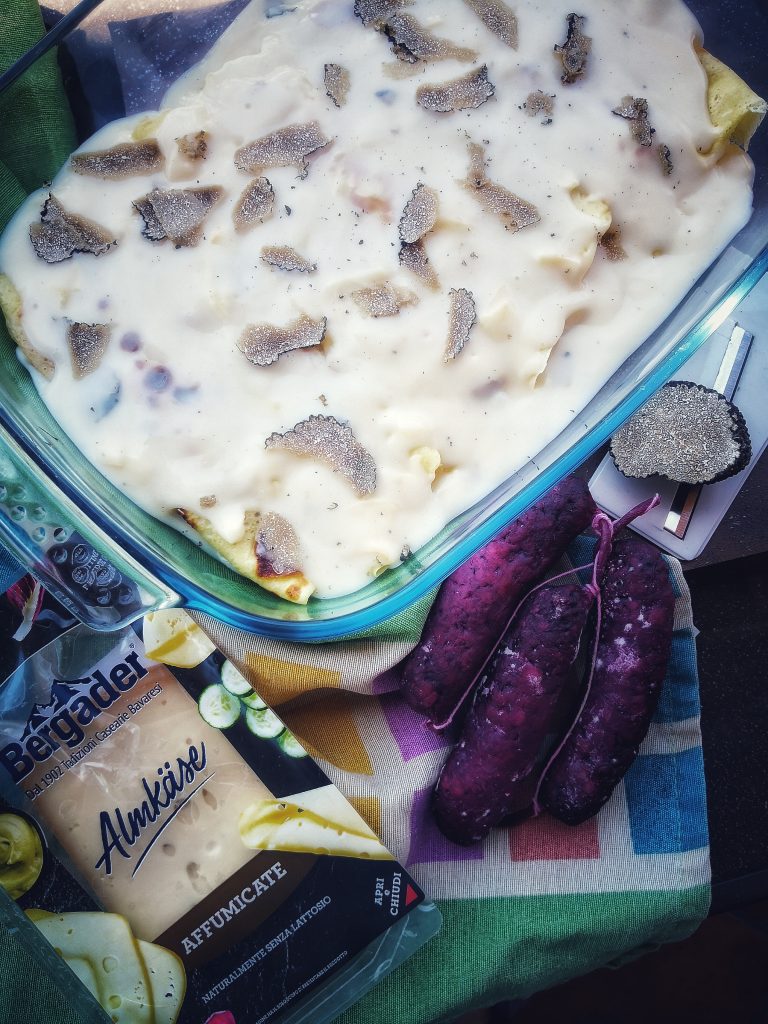 Crêpes con boudin e fonduta al tartufo