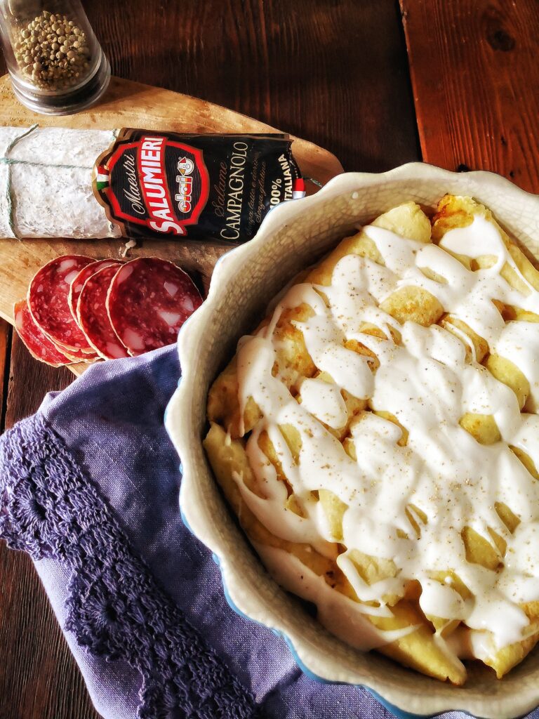 Crespelle farcite con mousse di salame campagnolo e Fontina